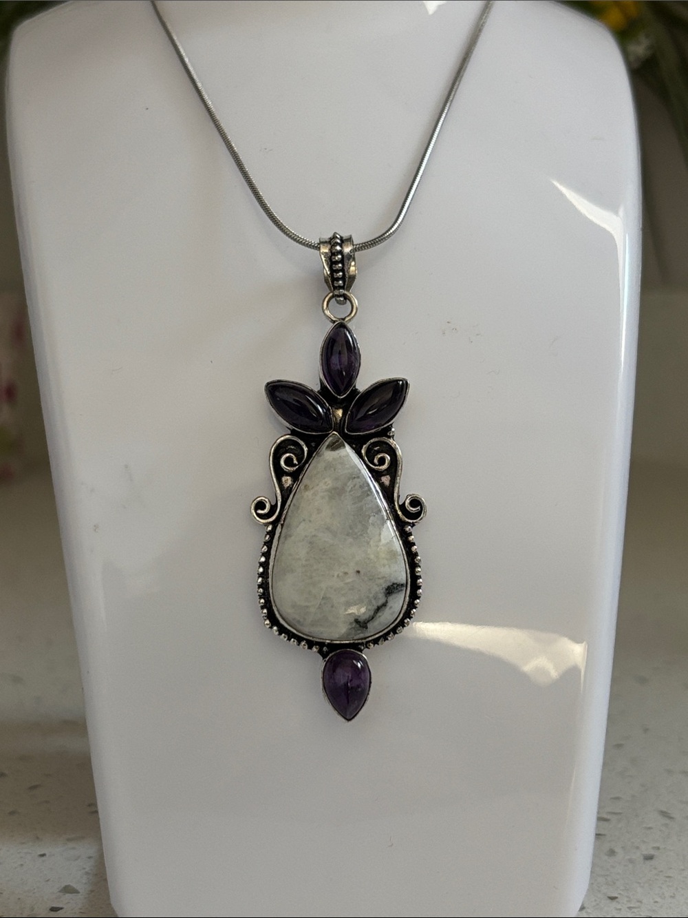 Silver Rainbow Moonstone & Amethyst Teardrop Gemstone Pendant Necklace